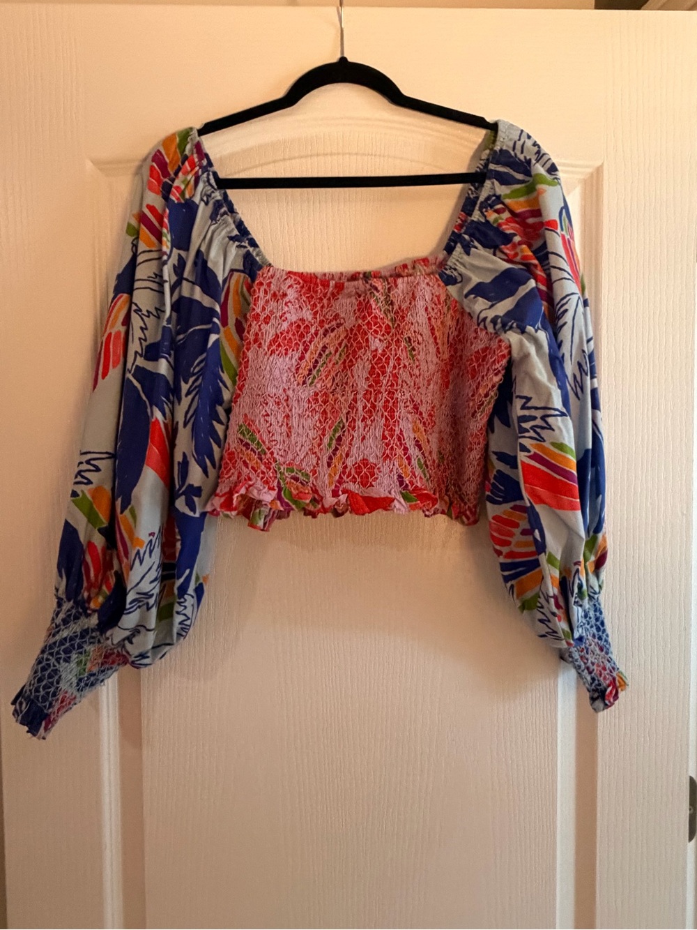 FARM Rio Multicolor Floral Smocked Puff Sleeve Crop Top XL - Picture 2 of 7